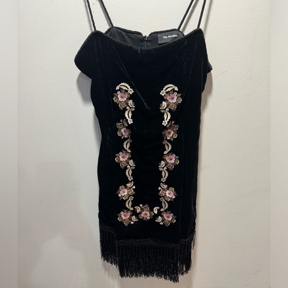 The Kooples Black Velvet Fringe Midi Dress | SZ 1